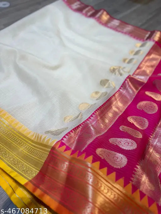 Banarasi Kota Check Silver Saree with Zari Border