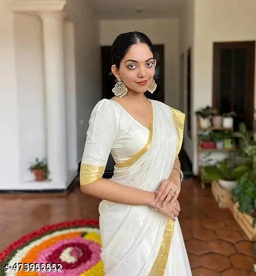 Women’s White & Gold Kasavu Saree | Cotton Handloom