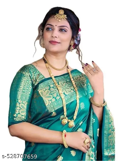 Rama Green Banarasi Silk Saree – Golden Zari Border