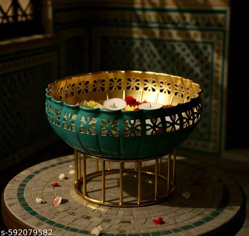 Onam Special Green Urli Bowl with Stand | Floating Flowers & Tealight Holder