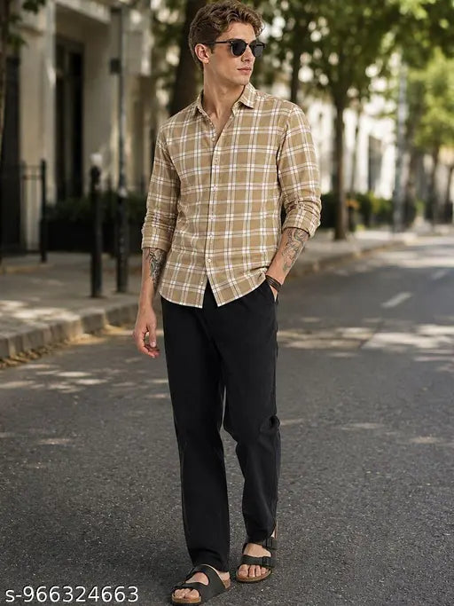 Men’s Slim Fit Checked Cotton Casual Shirt – Beige