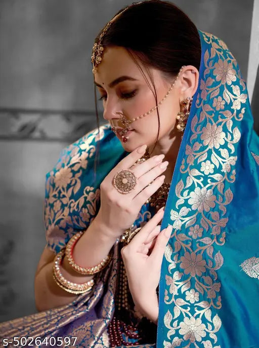 Sky Firozi Pure Banarasi Silk Saree – Handloom Floral Zari Work