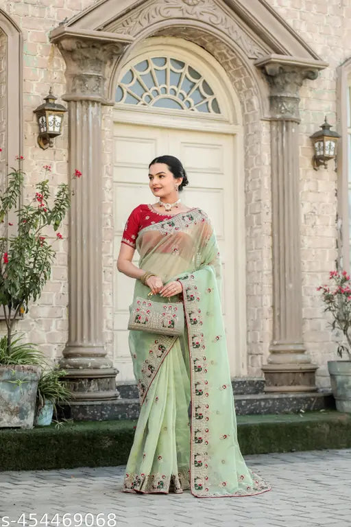 Super Net Pista Baluchari Saree with Purse Free