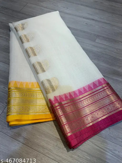Banarasi Kota Check Silver Saree with Zari Border