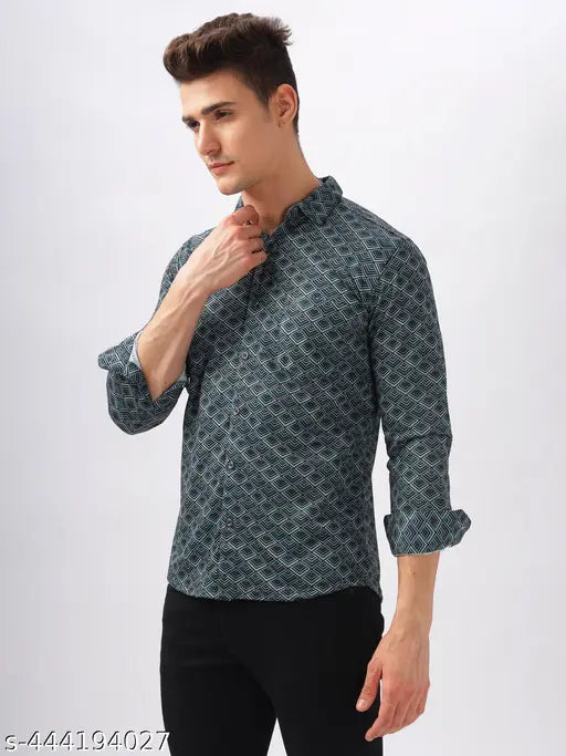 Men’s Regular Fit Ethnic Motif Printed Cotton Blend Shirt – Navy Blue