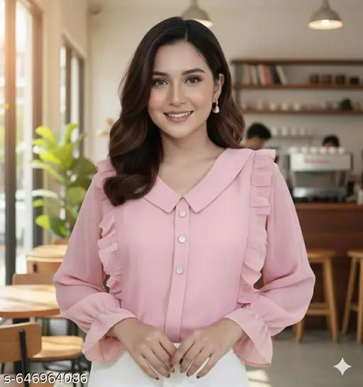 Women’s Korean Style V‑Neck Pink Georgette Top – Ruffled Sleeves