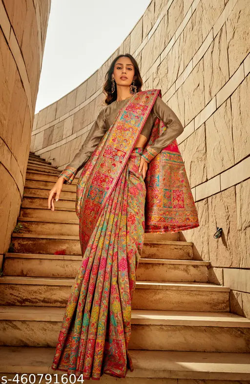 Pure Jamewar Kashmiri Modal Handloom Paithani Silk Saree – Minakari Floral Weaving Elegance