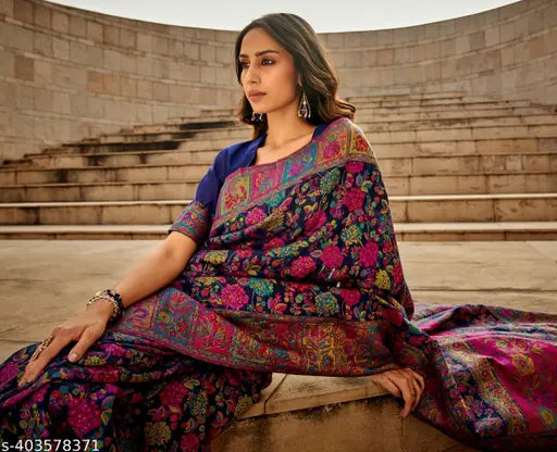 Navy Blue Pure Jamewar Kashmiri Modal Handloom Paithani Silk Saree