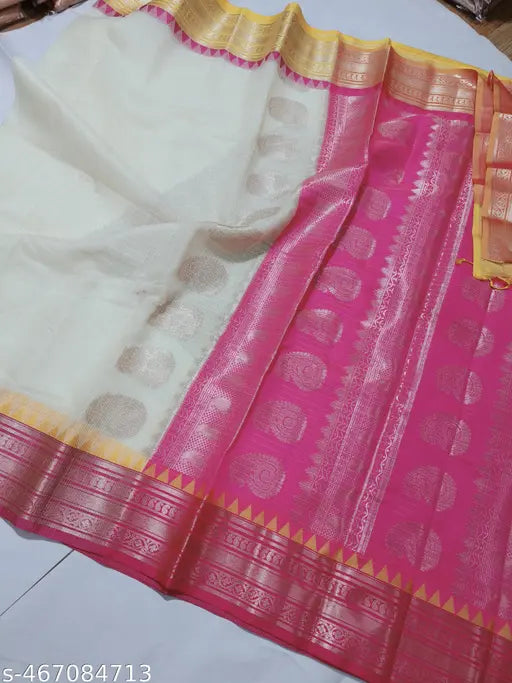 Banarasi Kota Check Silver Saree with Zari Border