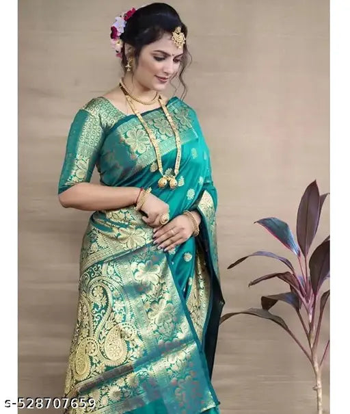 Rama Green Banarasi Silk Saree – Golden Zari Border