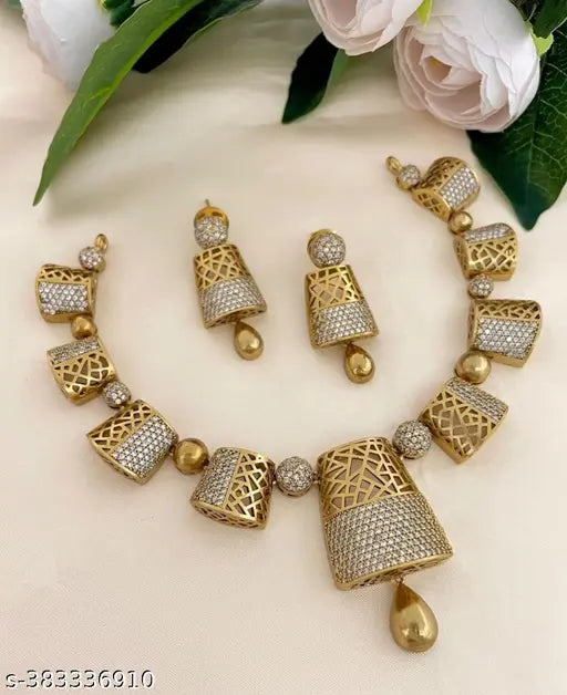Premium Gold Plated Cubic Zirconia Geometric Necklace with Earrings