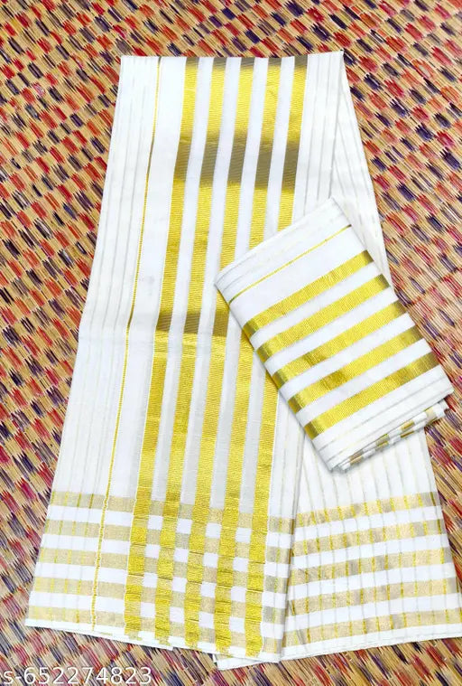 Onam Special Premium Kasavu Striped Set Mundu | Golden Border Kerala Festive Wear