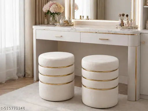 Velvet Ottoman Stool Set of 2 | Cream Round Pouffe with Gold Ring Design
