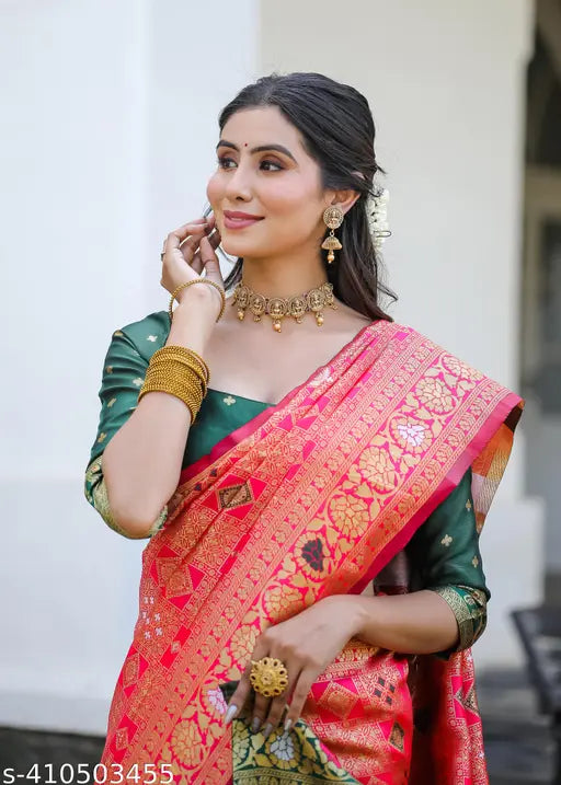 English Pink Cotton Silk Jacquard Saree – Banarasi Party Wear