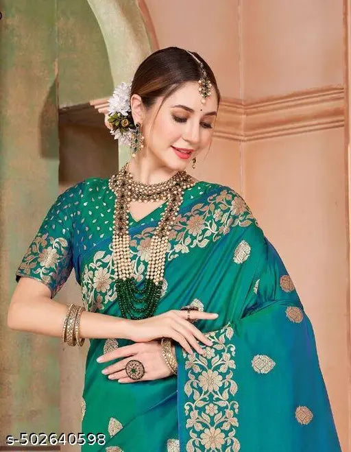 Rama Green Pure Banarasi Silk Saree – Handloom Floral Zari Work