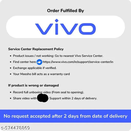 Vivo service center replacement policy information on a white background