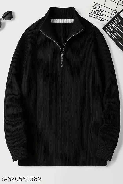 Men’s Pack of 2 Half Zipper High Neck Ribbed Sweaters – Wool Blend Winter Pullover