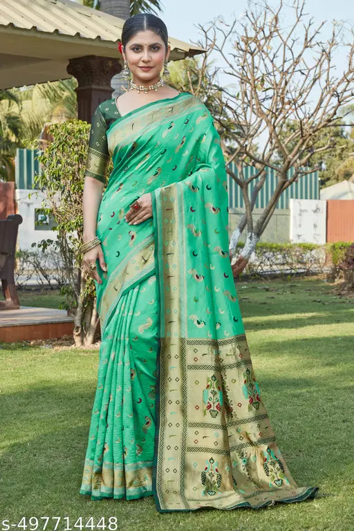 Peacock Print Seagreen Banarasi Cotton Silk Jacquard Artisanal Saree