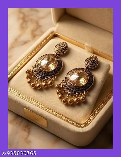 Antique Gold Alloy with Pearls & Glass Stone Ethnic Chandelier Earrings