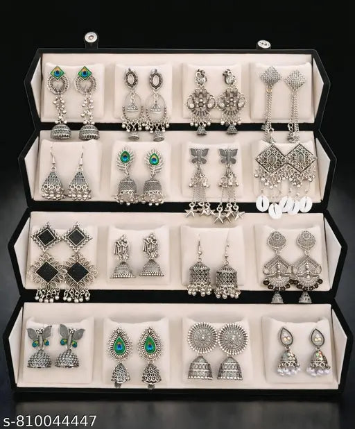 16 Pair Oxidised Silver Earrings Combo Set
