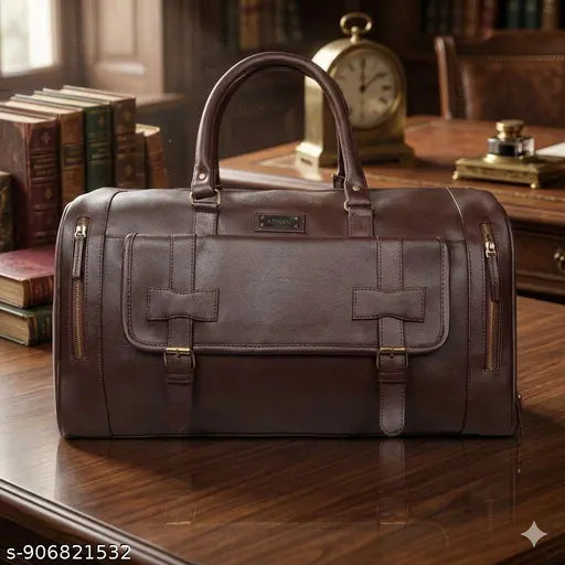 Brown leather duffel bag on a wooden surface with books and a clock in the background