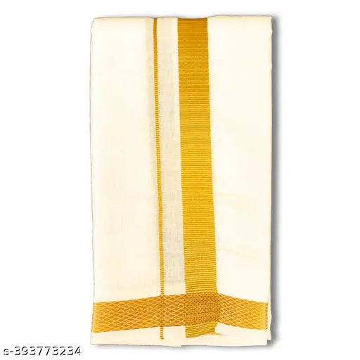 Onam Special Men’s Cotton Mundu with Pocket & Angavastaram Towel | Cream White with Jari Border