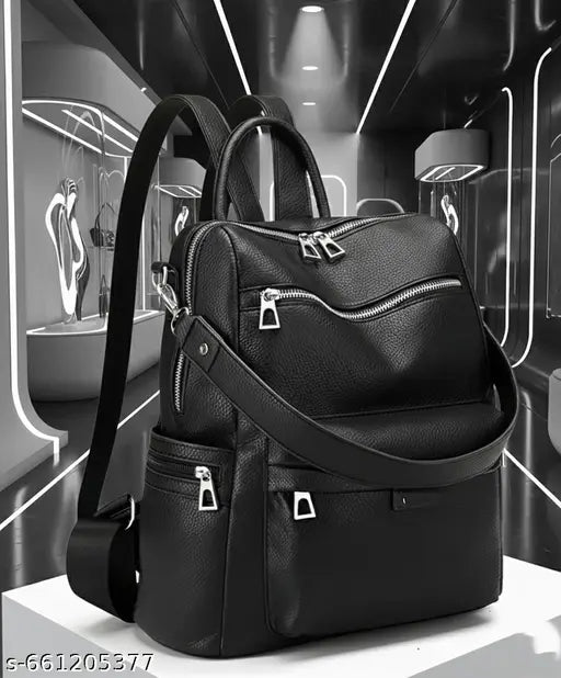 Premium Black Leather Backpack | Stylish Multi‑Zip Office & College Bag