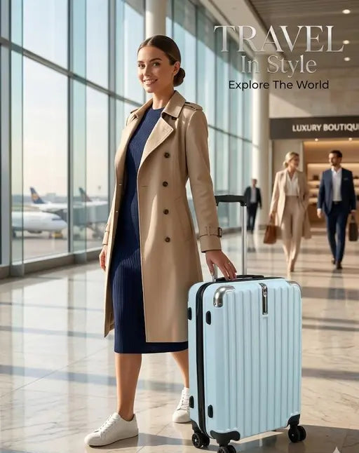 Woman in a trench coat with a light blue suitcase in an airport terminal, with 'Travel in Style' text.