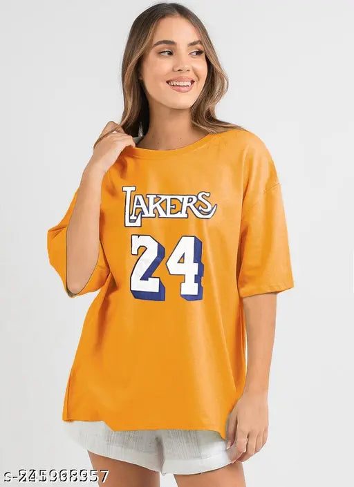 Oversized Cotton‑Blend Round Neck Printed T‑Shirt – Mustard