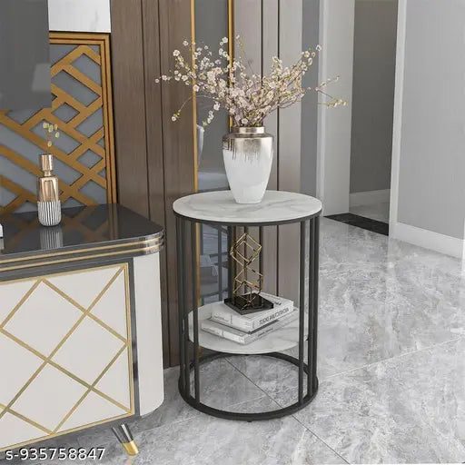 Black Frame Marble Look Nightstand for Living Room & Bedroom