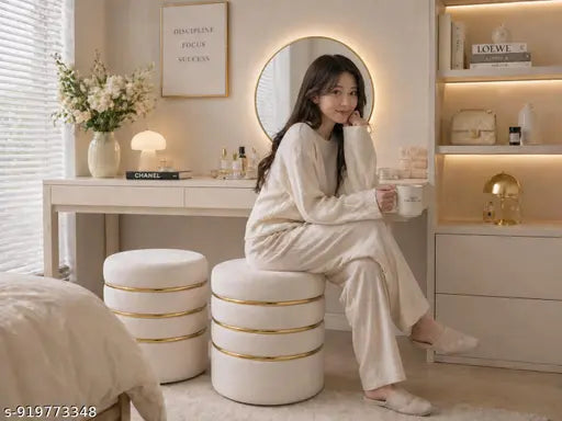 Velvet Ottoman Stool Set of 2 | Cream Round Pouffe with Gold Ring Design