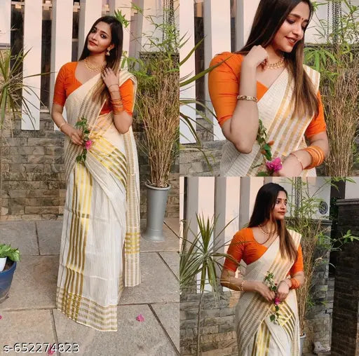 Onam Special Premium Kasavu Striped Set Mundu | Golden Border Kerala Festive Wear