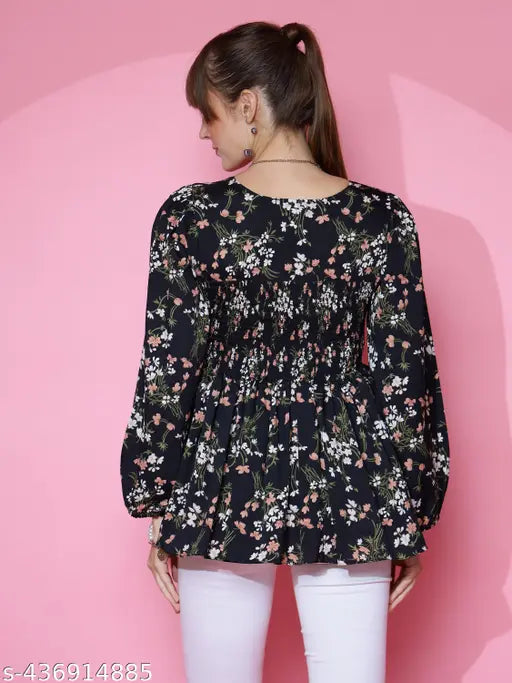 Women’s Floral Printed Crepe Peplum Top – Black, Long Sleeves