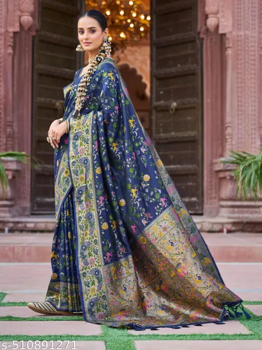 Kanchipuram Paithani Silk Saree | Navy Blue Handloom with Gold Zari Work
