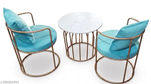 Blue Velvet Accent Chairs with Marble Top Coffee Table