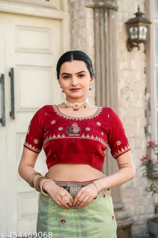 Super Net Pista Baluchari Saree with Purse Free