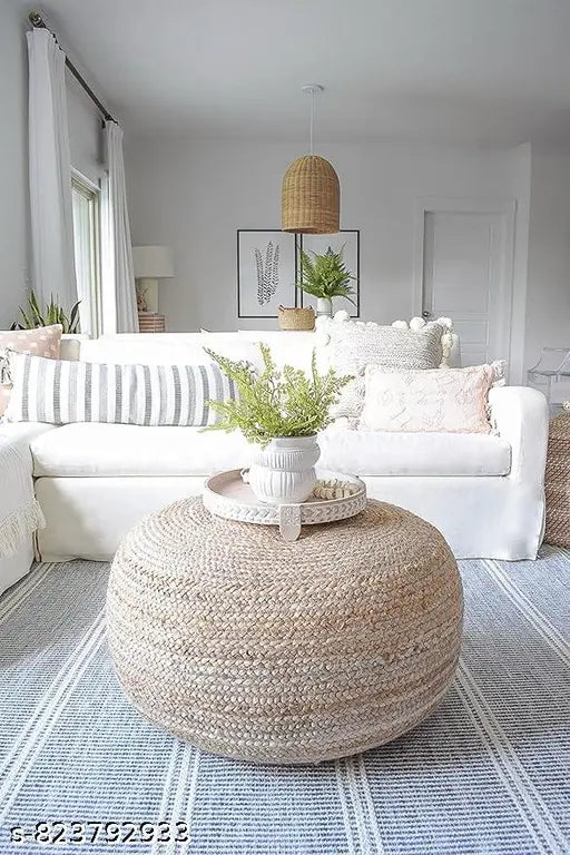 Jute Ottoman Pouf | Gold Bean Ball Filled Footrest & Seating Stool