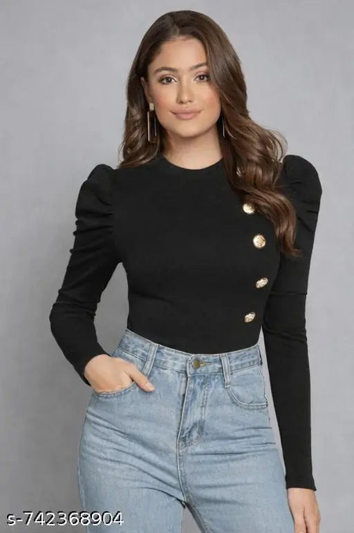 Women’s Puff Sleeve Gold Button Top – Black