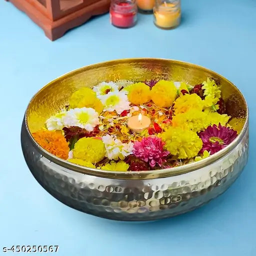 Onam Special Hammered Urli Bowl | 9‑Inch Brass Finish for Flowers & Tealights