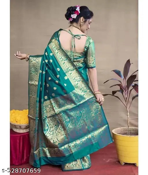 Rama Green Banarasi Silk Saree – Golden Zari Border