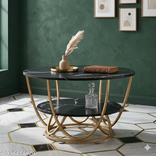 Round Coffee Table with Black Marble Top | Gold Metal Frame Accent Table