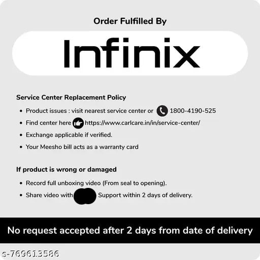 Infinix service center replacement policy card with contact information and guidelines.