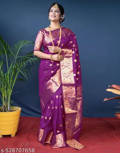 Wine Banarasi Silk Saree – Rich Golden Zari Border & Heavy Pallu