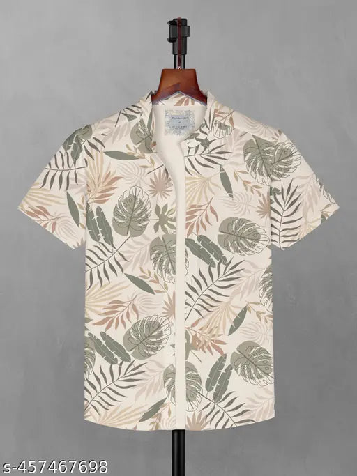 Men’s Regular Fit Botanical Printed Cotton Blend Casual Shirt – White, Half Sleeves