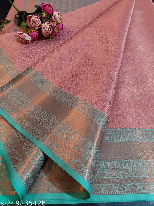 Banarasi Zari Tissue Tanchoi Soft Silk Pink Saree