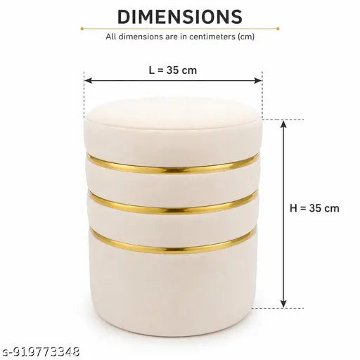Velvet Ottoman Stool Set of 2 | Cream Round Pouffe with Gold Ring Design