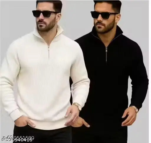 Men’s Pack of 2 Half Zipper High Neck Ribbed Sweaters – Wool Blend Winter Pullover