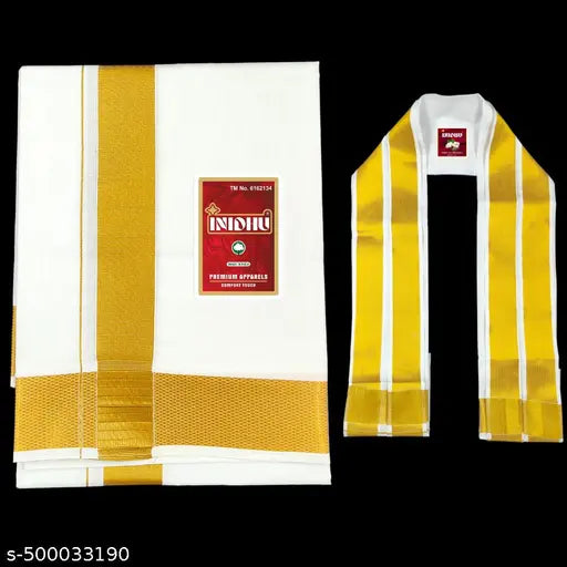 Onam Special Men’s Cotton Rajam Mundu | Big Gold Zari Border with Towel (2m, 4 Muzham)
