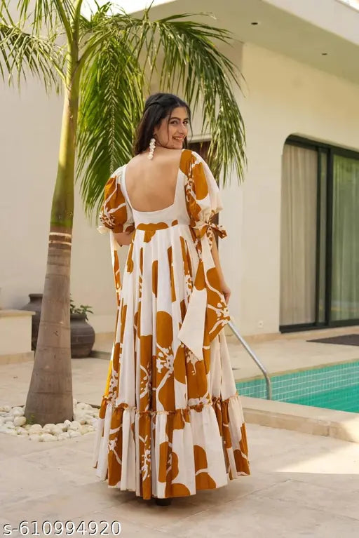 Women’s Floral Printed Puff Sleeve Maxi Dress –  Flared Fit
