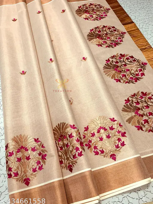 Onam Special Kerala Copper Tissue Embroidery saree with Running Blouse